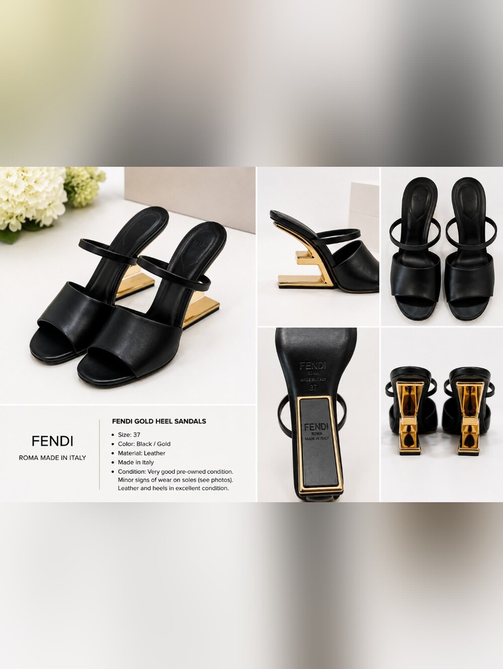 Fendi Black Leather Heeled Sandals with Gold Sculpted Logo Heel